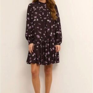 KAFFE Sz 34 Kajava Ruffle Neckline Hem Buttons Ditzy Floral Tunic Dress NEW